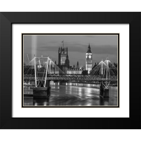 Evening view of Golden Jubilee over River Thames with Westminster Abby Black Modern Wood Framed Art Print with Double Matting by Frank, Assaf