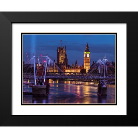 Evening view of Golden Jubilee over River Thames with Westminster Abby Black Modern Wood Framed Art Print with Double Matting by Frank, Assaf