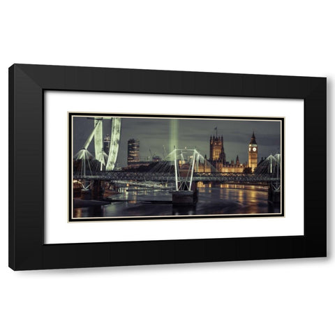 Night view of the London Eye, Golden Jubilee bridge and Westminster, London, UK Black Modern Wood Framed Art Print with Double Matting by Frank, Assaf