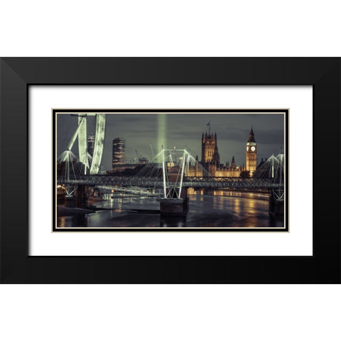 Night view of the London Eye, Golden Jubilee bridge and Westminster, London, UK Black Modern Wood Framed Art Print with Double Matting by Frank, Assaf