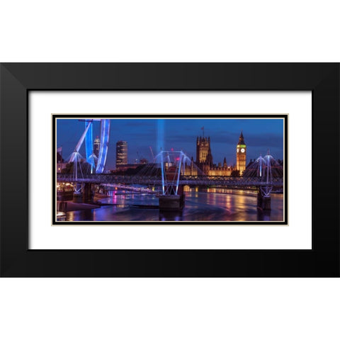 Night view of the London Eye, Golden Jubilee bridge and Westminster, London, UK Black Modern Wood Framed Art Print with Double Matting by Frank, Assaf