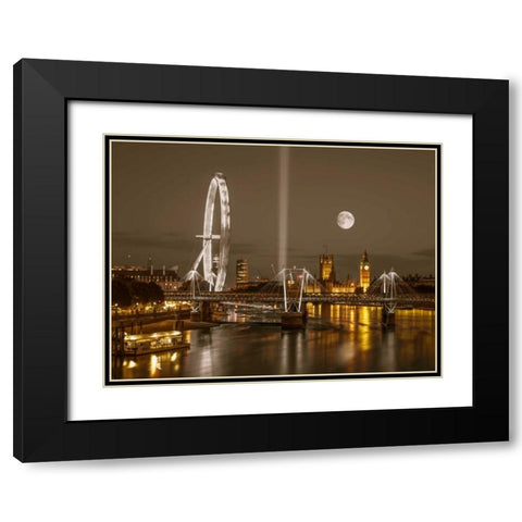 Night view of the London Eye, Golden Jubilee bridge and Westminster, London, UK Black Modern Wood Framed Art Print with Double Matting by Frank, Assaf