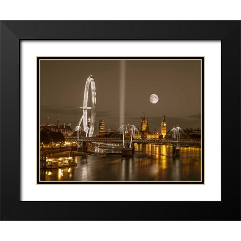 Night view of the London Eye, Golden Jubilee bridge and Westminster, London, UK Black Modern Wood Framed Art Print with Double Matting by Frank, Assaf