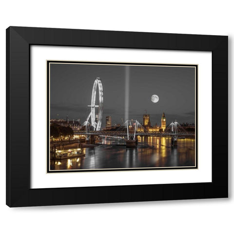 Night view of the London Eye, Golden Jubilee bridge and Westminster, London, UK Black Modern Wood Framed Art Print with Double Matting by Frank, Assaf
