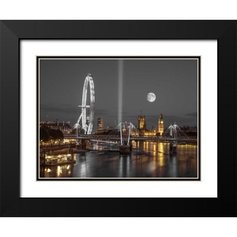 Night view of the London Eye, Golden Jubilee bridge and Westminster, London, UK Black Modern Wood Framed Art Print with Double Matting by Frank, Assaf