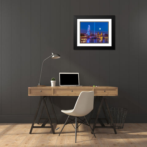Night view of the London Eye, Golden Jubilee bridge and Westminster, London, UK Black Modern Wood Framed Art Print with Double Matting by Frank, Assaf