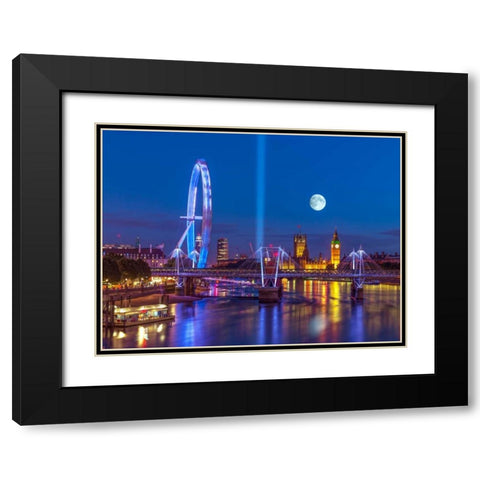 Night view of the London Eye, Golden Jubilee bridge and Westminster, London, UK Black Modern Wood Framed Art Print with Double Matting by Frank, Assaf