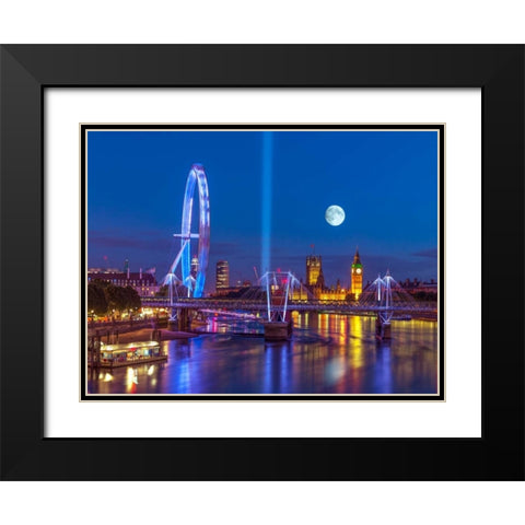 Night view of the London Eye, Golden Jubilee bridge and Westminster, London, UK Black Modern Wood Framed Art Print with Double Matting by Frank, Assaf