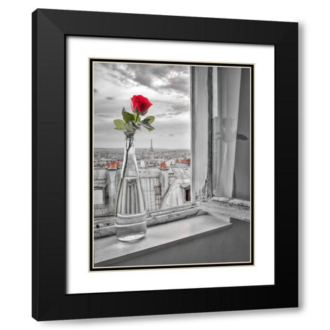 Flower vase on window with Eiffle tower in background-Paris Black Modern Wood Framed Art Print with Double Matting by Frank, Assaf