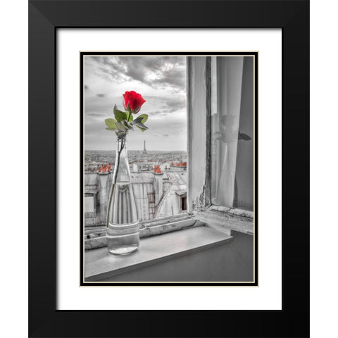 Flower vase on window with Eiffle tower in background-Paris Black Modern Wood Framed Art Print with Double Matting by Frank, Assaf