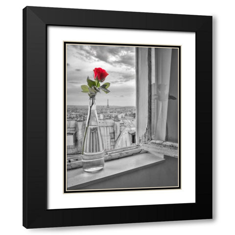 Flower vase on window with Eiffle tower in background, Paris Black Modern Wood Framed Art Print with Double Matting by Frank, Assaf