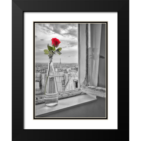 Flower vase on window with Eiffle tower in background, Paris Black Modern Wood Framed Art Print with Double Matting by Frank, Assaf