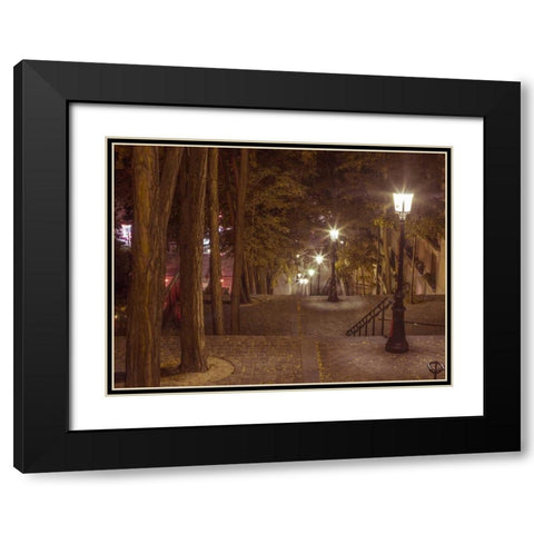 Street lights on steep stairs in city of Montmartre, Paris Black Modern Wood Framed Art Print with Double Matting by Frank, Assaf