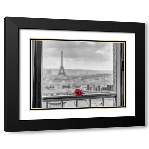 Rose on balcony railing with Eiffel Tower in background, Paris, France Black Modern Wood Framed Art Print with Double Matting by Frank, Assaf