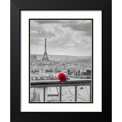 Rose on balcony railing with Eiffel Tower in background, Paris, France Black Modern Wood Framed Art Print with Double Matting by Frank, Assaf
