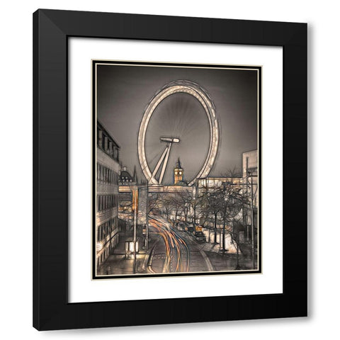 Night shot of London street with Millennium wheel in background Black Modern Wood Framed Art Print with Double Matting by Frank, Assaf