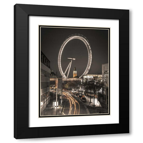 Night shot of London street with Millennium wheel in background Black Modern Wood Framed Art Print with Double Matting by Frank, Assaf