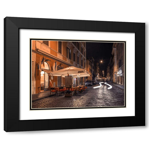 Sidewalk cafe on narrow streets of Rome, Italy, FTBR-1825 Black Modern Wood Framed Art Print with Double Matting by Frank, Assaf