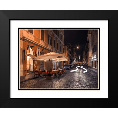 Sidewalk cafe on narrow streets of Rome, Italy, FTBR-1825 Black Modern Wood Framed Art Print with Double Matting by Frank, Assaf