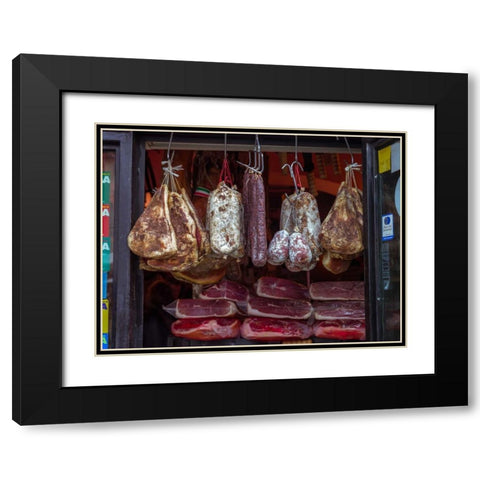 Various salami hanging in a window of an Italian Salami shop, Rome, Italy Black Modern Wood Framed Art Print with Double Matting by Frank, Assaf