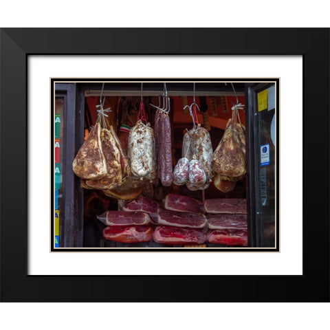 Various salami hanging in a window of an Italian Salami shop, Rome, Italy Black Modern Wood Framed Art Print with Double Matting by Frank, Assaf