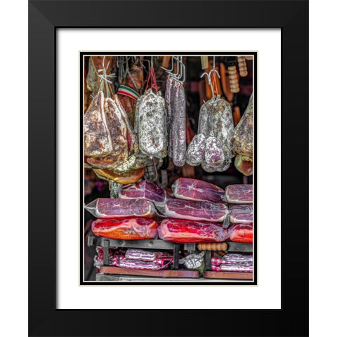 Various salami hanging in a window of an Italian Salami shop, Rome, Italy Black Modern Wood Framed Art Print with Double Matting by Frank, Assaf