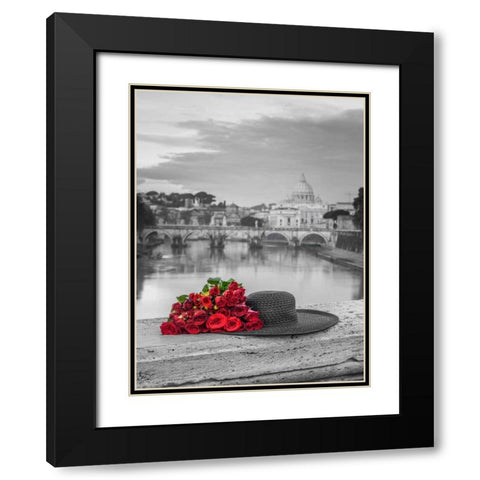 Hat and bunch of roses on bridge with Basilica di San Pietro in Vatican, Rome, Italy Black Modern Wood Framed Art Print with Double Matting by Frank, Assaf