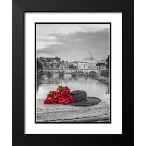 Hat and bunch of roses on bridge with Basilica di San Pietro in Vatican, Rome, Italy Black Modern Wood Framed Art Print with Double Matting by Frank, Assaf