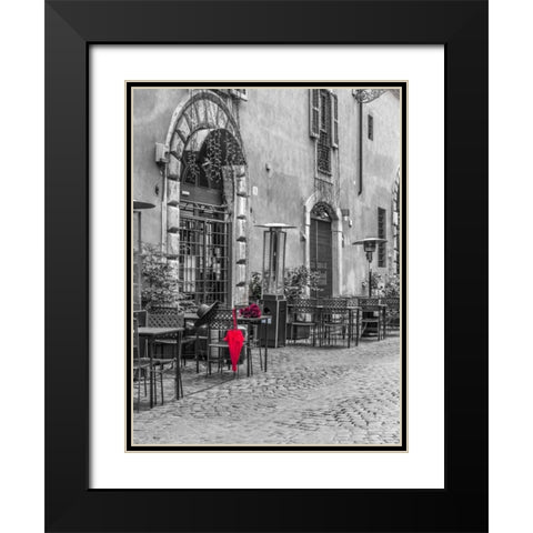 Red umbrella with female hat and bunch of roses on cafe table, Rome, Italy Black Modern Wood Framed Art Print with Double Matting by Frank, Assaf
