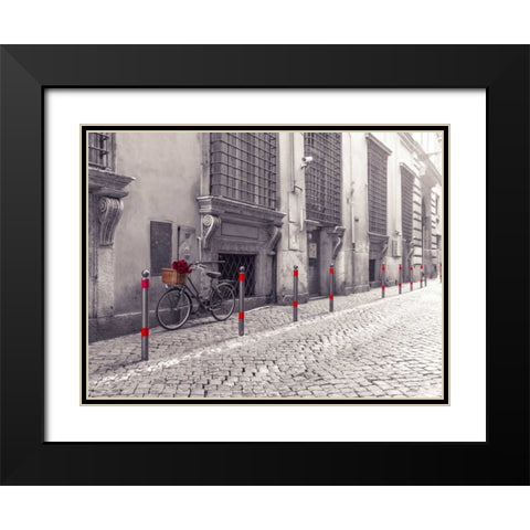 Bunch of roses on bicycle on old city street of Rome Black Modern Wood Framed Art Print with Double Matting by Frank, Assaf