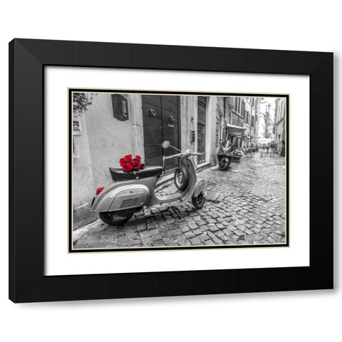 Old scooter with bunch of roses on narrow street of Rome Black Modern Wood Framed Art Print with Double Matting by Frank, Assaf