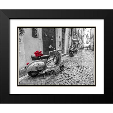 Old scooter with bunch of roses on narrow street of Rome Black Modern Wood Framed Art Print with Double Matting by Frank, Assaf