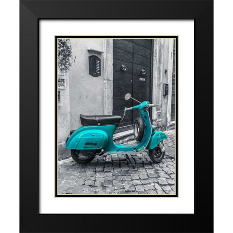 Old scooter on narrow street of Rome Black Modern Wood Framed Art Print with Double Matting by Frank, Assaf
