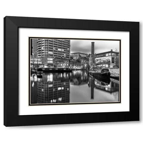 Narrow canal with small boats in Birmingham, UK Black Modern Wood Framed Art Print with Double Matting by Frank, Assaf