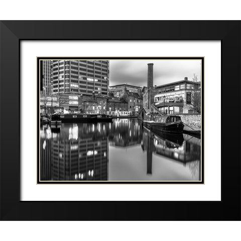 Narrow canal with small boats in Birmingham, UK Black Modern Wood Framed Art Print with Double Matting by Frank, Assaf