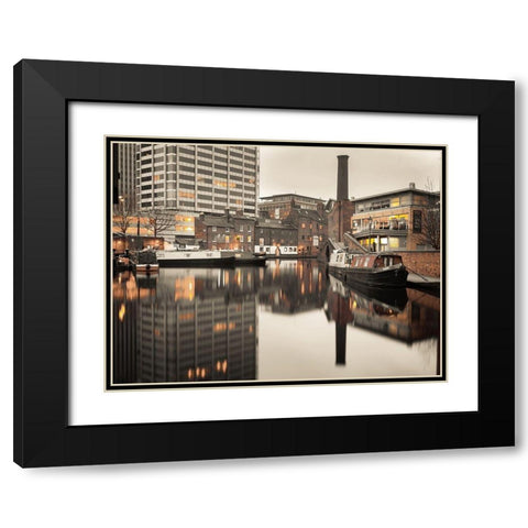 Narrow canal with small boats in Birmingham, UK Black Modern Wood Framed Art Print with Double Matting by Frank, Assaf