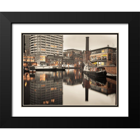 Narrow canal with small boats in Birmingham, UK Black Modern Wood Framed Art Print with Double Matting by Frank, Assaf