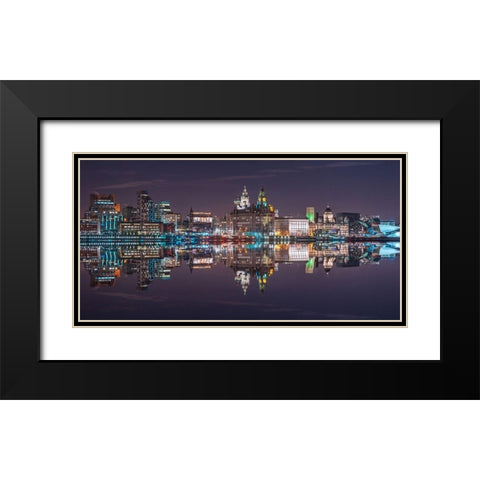 Liverpool city skyline across the River Mersey, UK, FTBR-1872 Black Modern Wood Framed Art Print with Double Matting by Frank, Assaf