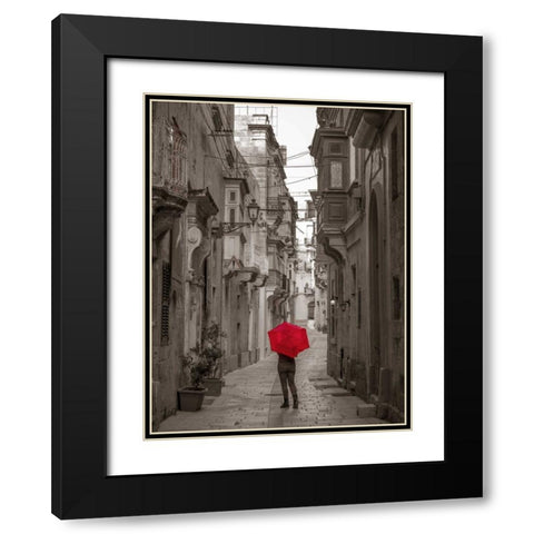 Tourist with umbrella at narrow street on Birgu, Malta Black Modern Wood Framed Art Print with Double Matting by Frank, Assaf