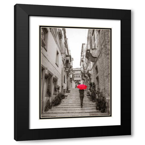 Tourist with umbrella in steps through houses in Birgu, Malta Black Modern Wood Framed Art Print with Double Matting by Frank, Assaf