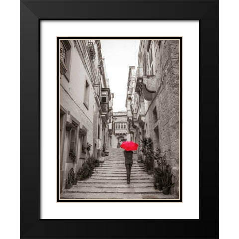 Tourist with umbrella in steps through houses in Birgu, Malta Black Modern Wood Framed Art Print with Double Matting by Frank, Assaf