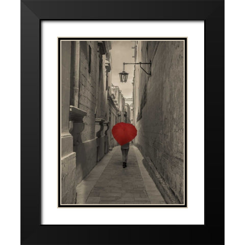 Tourist with heart shaped umbrella walking through narrow street of Mdina, Malta Black Modern Wood Framed Art Print with Double Matting by Frank, Assaf