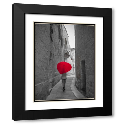 Tourist with heart shaped umbrella walking through narrow street of Mdina, Malta Black Modern Wood Framed Art Print with Double Matting by Frank, Assaf