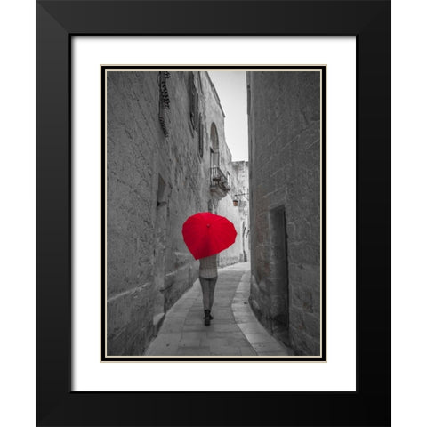 Tourist with heart shaped umbrella walking through narrow street of Mdina, Malta Black Modern Wood Framed Art Print with Double Matting by Frank, Assaf