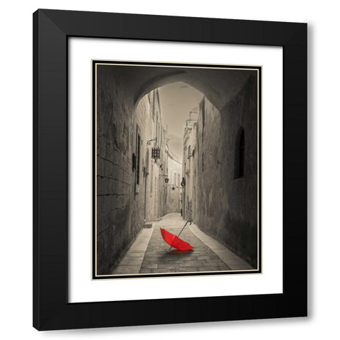 Red umbrella on narrow street of Mdina, Malta Black Modern Wood Framed Art Print with Double Matting by Frank, Assaf