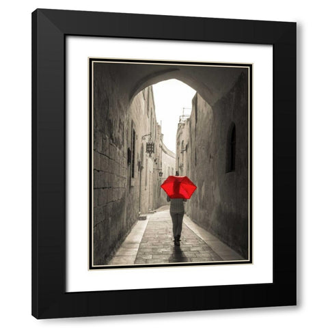Tourist with umbrella walking through narrow street in Mdina, Malta Black Modern Wood Framed Art Print with Double Matting by Frank, Assaf