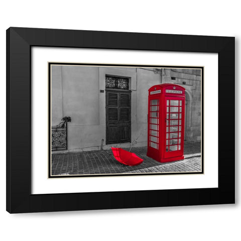 Red umbrella and Telephone box on street of Marsaxlokk, Malta Black Modern Wood Framed Art Print with Double Matting by Frank, Assaf