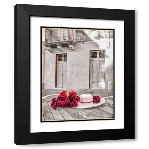 Female hat with bunch of roses on cafe table, Malta Black Modern Wood Framed Art Print with Double Matting by Frank, Assaf