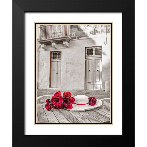 Female hat with bunch of roses on cafe table, Malta Black Modern Wood Framed Art Print with Double Matting by Frank, Assaf