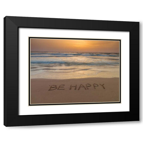 Sand writing - Word Be Happy written on beach Black Modern Wood Framed Art Print with Double Matting by Frank, Assaf